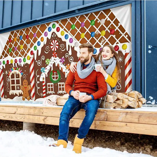 Alt view image 6 of 7 - 6.4 x 14.6 ft Christmas Gingerbread House Garage Door Decoration Gingerbread House Candy Door Banner Cover Backdrop for Xmas Holiday Outdoor Wall Decor Party