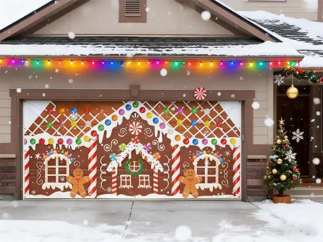 Alt view image 5 of 7 - 6.4 x 14.6 ft Christmas Gingerbread House Garage Door Decoration Gingerbread House Candy Door Banner Cover Backdrop for Xmas Holiday Outdoor Wall Decor Party