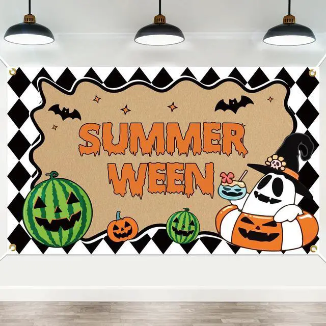 Main image of Summerween Decorations, Happy Summerween Banner Backdrop, Halloween in Summer Cartoon Spooky Summer Halloween Pool Beach Party Supplies