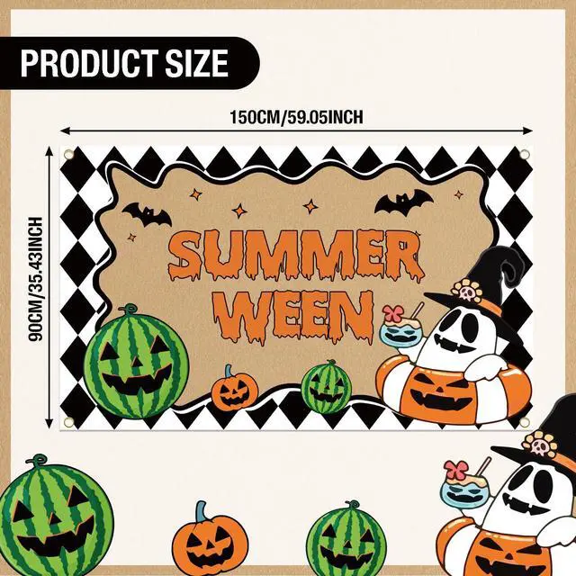Alt view image 2 of 6 - Summerween Decorations, Happy Summerween Banner Backdrop, Halloween in Summer Cartoon Spooky Summer Halloween Pool Beach Party Supplies