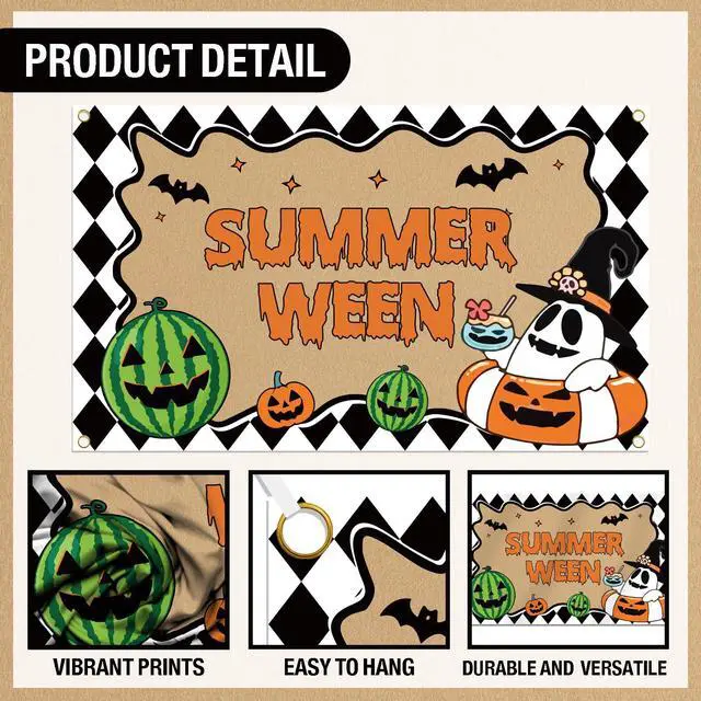 Alt view image 3 of 6 - Summerween Decorations, Happy Summerween Banner Backdrop, Halloween in Summer Cartoon Spooky Summer Halloween Pool Beach Party Supplies