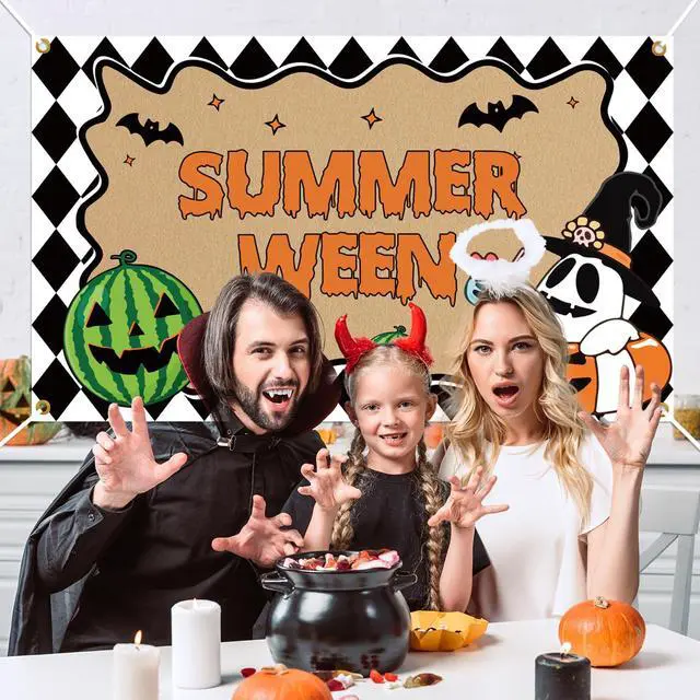 Alt view image 4 of 6 - Summerween Decorations, Happy Summerween Banner Backdrop, Halloween in Summer Cartoon Spooky Summer Halloween Pool Beach Party Supplies