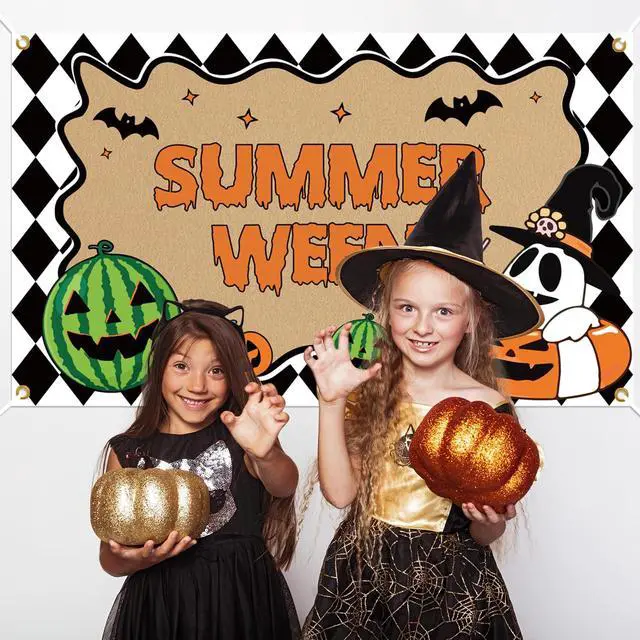 Alt view image 5 of 6 - Summerween Decorations, Happy Summerween Banner Backdrop, Halloween in Summer Cartoon Spooky Summer Halloween Pool Beach Party Supplies