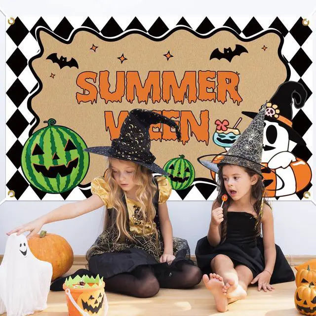 Alt view image 6 of 6 - Summerween Decorations, Happy Summerween Banner Backdrop, Halloween in Summer Cartoon Spooky Summer Halloween Pool Beach Party Supplies