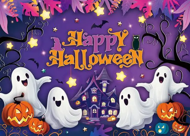 Alt view image 2 of 7 - Purple Happy Halloween Backdrop Cartoon Spooky Pumpkin Castle Scary Photography Background Kids Adult Horror Birthday Party Decorations Banner Photo Prop (8x6FT)