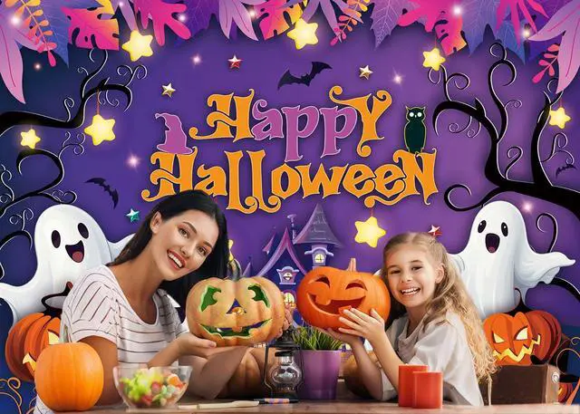 Alt view image 4 of 7 - Purple Happy Halloween Backdrop Cartoon Spooky Pumpkin Castle Scary Photography Background Kids Adult Horror Birthday Party Decorations Banner Photo Prop (8x6FT)