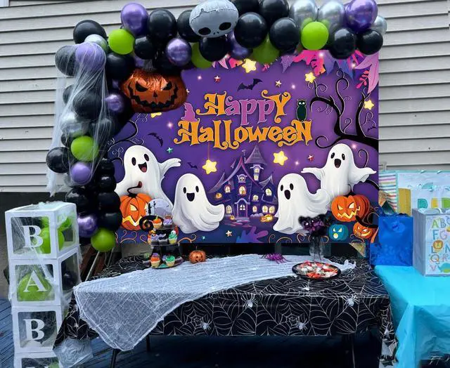 Alt view image 3 of 7 - Purple Happy Halloween Backdrop Cartoon Spooky Pumpkin Castle Scary Photography Background Kids Adult Horror Birthday Party Decorations Banner Photo Prop (8x6FT)