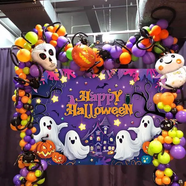Alt view image 5 of 7 - Purple Happy Halloween Backdrop Cartoon Spooky Pumpkin Castle Scary Photography Background Kids Adult Horror Birthday Party Decorations Banner Photo Prop (8x6FT)