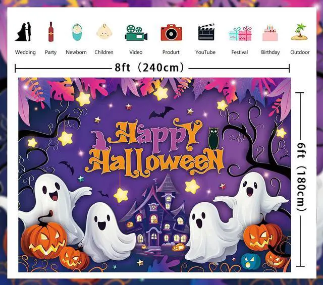 Alt view image 7 of 7 - Purple Happy Halloween Backdrop Cartoon Spooky Pumpkin Castle Scary Photography Background Kids Adult Horror Birthday Party Decorations Banner Photo Prop (8x6FT)