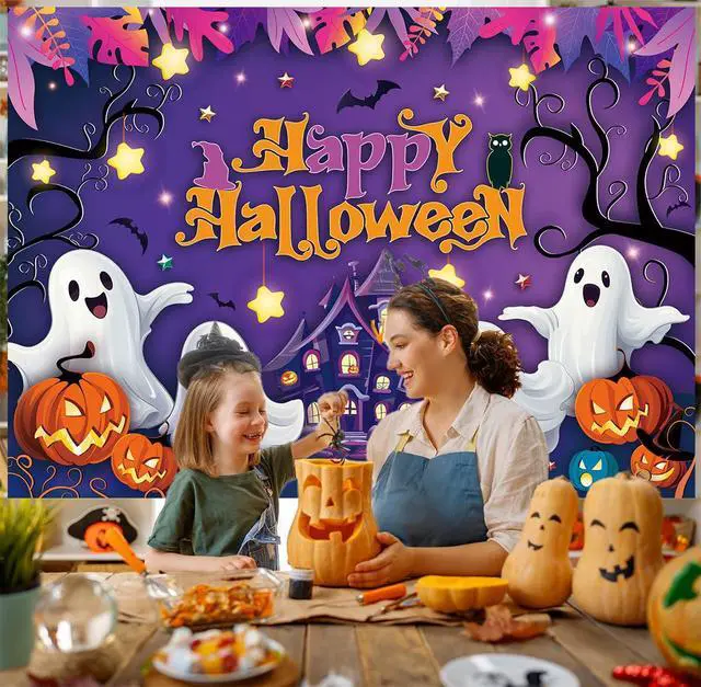 Alt view image 6 of 7 - Purple Happy Halloween Backdrop Cartoon Spooky Pumpkin Castle Scary Photography Background Kids Adult Horror Birthday Party Decorations Banner Photo Prop (8x6FT)