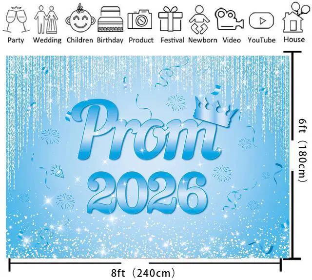 Alt view image 2 of 5 - Blue Prom 2026 Graduation Backdrop 8x6ft | Class of 2026 Congratulations Grad Party Decoration Glitter Sequin Bokeh Graduation Students Photography Backdrop