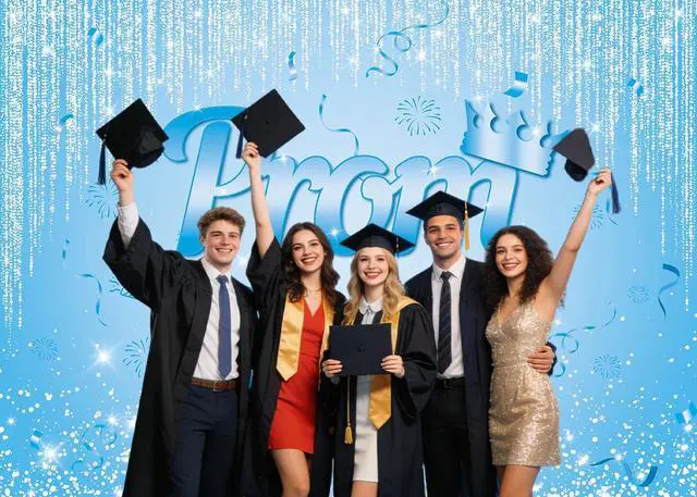 Alt view image 4 of 5 - Blue Prom 2026 Graduation Backdrop 8x6ft | Class of 2026 Congratulations Grad Party Decoration Glitter Sequin Bokeh Graduation Students Photography Backdrop
