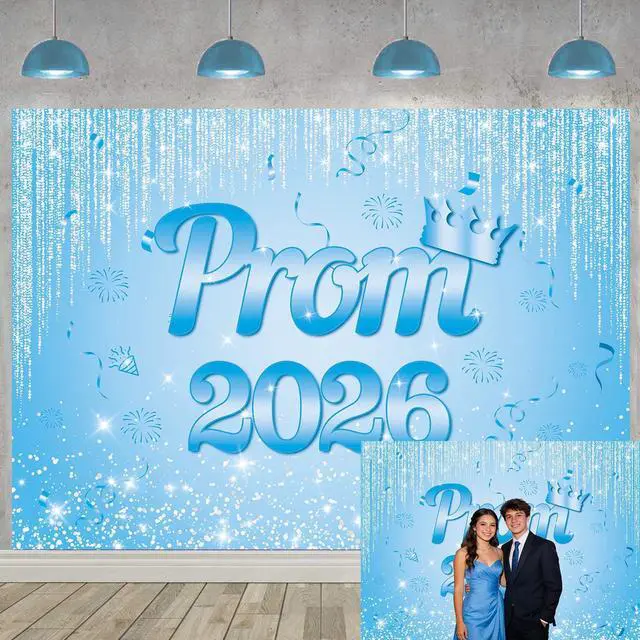 Main image of Blue Prom 2026 Graduation Backdrop 8x6ft | Class of 2026 Congratulations Grad Party Decoration Glitter Sequin Bokeh Graduation Students Photography Backdrop