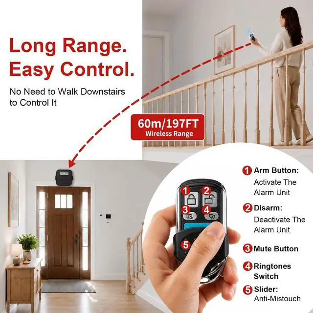 Alt view image 5 of 7 - 110dB Loud Motion Sensor Alarm Indoor with 196ft Remote Control | 196ft Remote Control, 23ft PIR Detector, 2*AA Batteries, Precise Motion Detector Alarm for Garage/Pets/Kids/Shop/Home