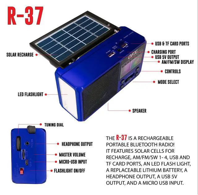 Alt view image 6 of 7 - R-37-BL 6-Band (AM, FM, SW1 - SW4) Bluetooth LED Flashlight Solar Radio (2021 Model) | LED Flashlight, 5V USB Charging Port, USB Charging Cord, TF/USB Inputs, Telescoping Antenna