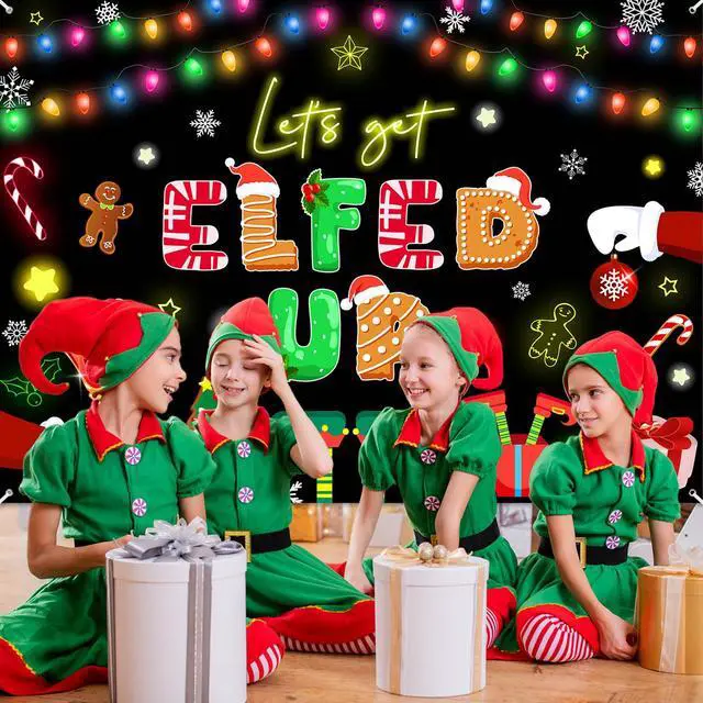 Alt view image 5 of 7 - Let's Get Elfed Up Backdrop Xmas Kids Elfed Party Decorations Banner Elf Christmas Birthday Photography Background Winter Holiday Party Decoration Banner (7x5ft)