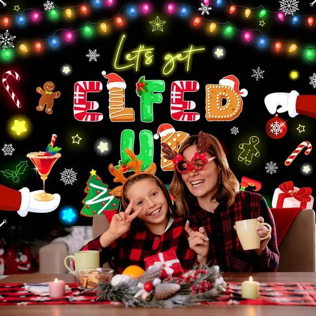 Alt view image 6 of 7 - Let's Get Elfed Up Backdrop Xmas Kids Elfed Party Decorations Banner Elf Christmas Birthday Photography Background Winter Holiday Party Decoration Banner (7x5ft)