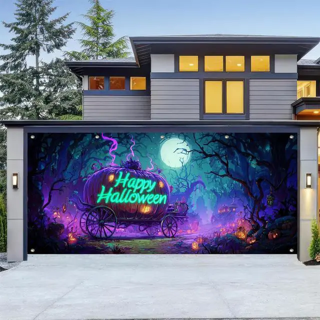 Main image of Halloween Door Cover 13x6ft Polyester Garage Banner | Polyester, skeleton in brick wall Halloween Door Cover for holiday, outdoor and party wall display