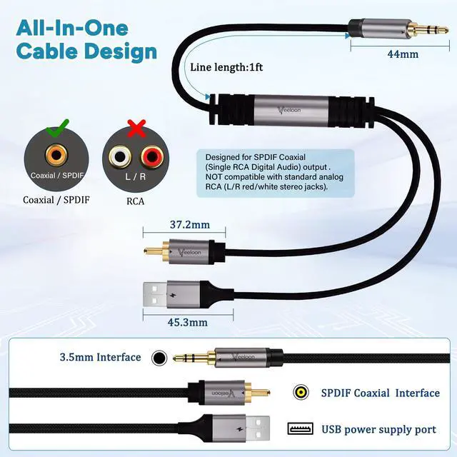 Alt view image 2 of 6 - DAC 192KHz Digital to Analog Audio Converter Cable 5 FT,SPDIF Coaxial RCA Male to 3.5mm AUX Male Jack Adapter, USB Powered Braided Hi-Fi Stereo Audio Cord for HDTV, PS5, Blu-Ray, Speaker, Headphone