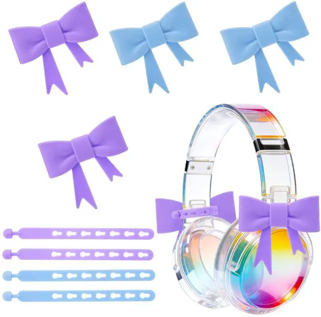 Main image of Silicone Bow Headphone Decor Accessories, 4 Pack 3D Cute Earphone Accessories for Women Girls, Gamer Gift for Christmas,Cute Headphone Decorations for Girls-Blue & Purple