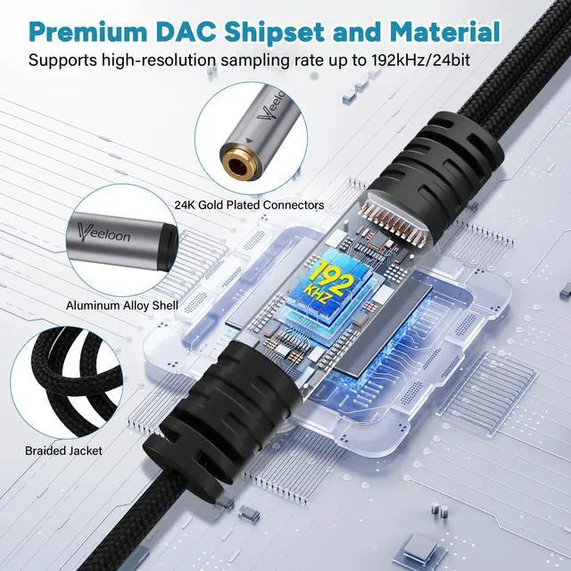 Alt view image 4 of 6 - DAC 192KHz Digital to Analog Audio Converter Cable 1.5 FT,SPDIF Coaxial RCA Male to 3.5mm AUX Female Jack Adapter, USB Powered Braided Hi-Fi Stereo Audio Cord for TV, PS5, Blu-Ray, Speaker, Headphone