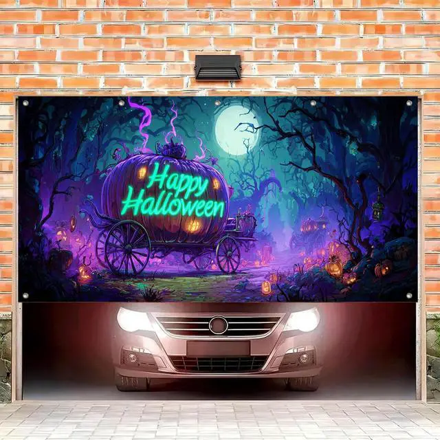 Alt view image 2 of 6 - Halloween Door Cover 13x6ft Polyester Garage Banner | Polyester, skeleton in brick wall Halloween Door Cover for holiday, outdoor and party wall display