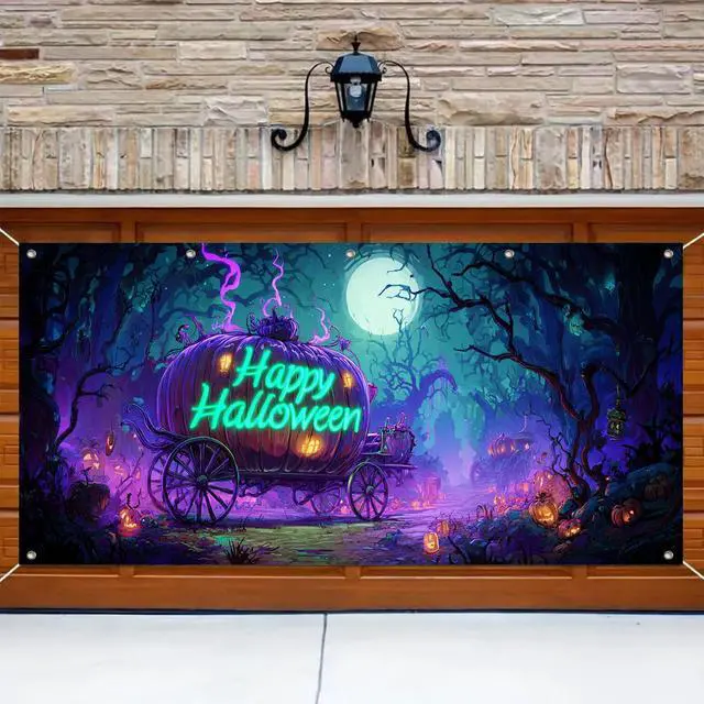 Alt view image 3 of 6 - Halloween Door Cover 13x6ft Polyester Garage Banner | Polyester, skeleton in brick wall Halloween Door Cover for holiday, outdoor and party wall display