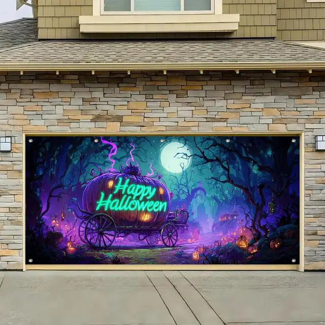 Alt view image 5 of 6 - Halloween Door Cover 13x6ft Polyester Garage Banner | Polyester, skeleton in brick wall Halloween Door Cover for holiday, outdoor and party wall display