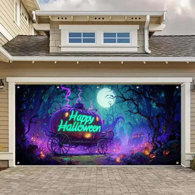 Alt view image 6 of 6 - Halloween Door Cover 13x6ft Polyester Garage Banner | Polyester, skeleton in brick wall Halloween Door Cover for holiday, outdoor and party wall display