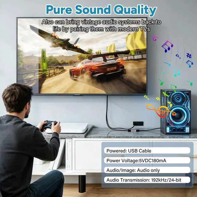 Alt view image 6 of 6 - DAC 192KHz Digital to Analog Audio Converter Cable 1.5 FT,SPDIF Coaxial RCA Male to 3.5mm AUX Female Jack Adapter, USB Powered Braided Hi-Fi Stereo Audio Cord for TV, PS5, Blu-Ray, Speaker, Headphone