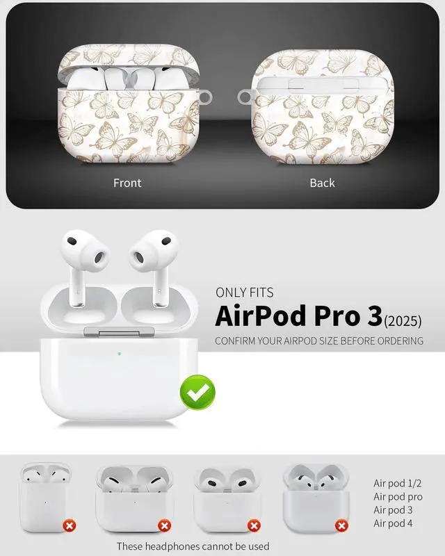 Alt view image 3 of 6 - Compatible with AirPod Pro 3 Case 2025,Shockproof Hard Protective Case,Wireless Charging Compatible, Trendy Elegant Design Cover for Women Men(Butterfly Background Texture)