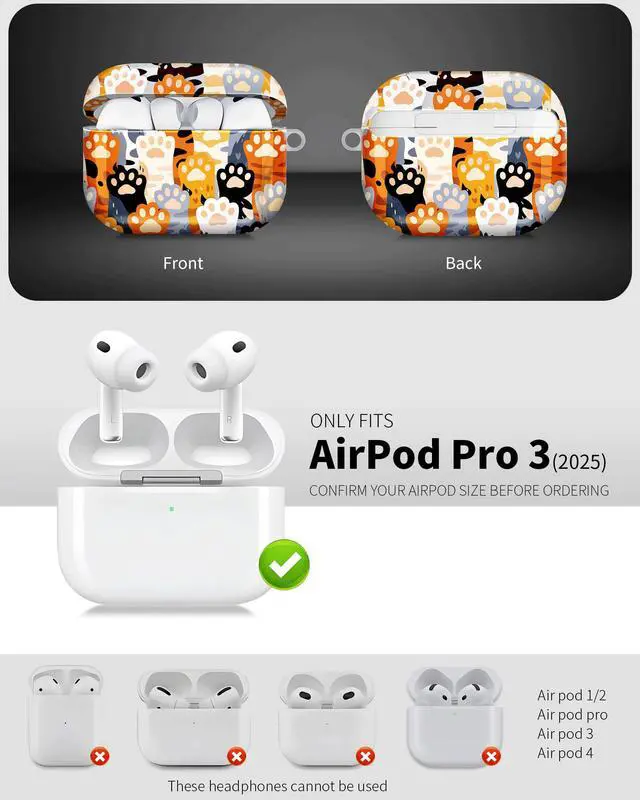 Alt view image 3 of 6 - Compatible with AirPod Pro 3 Case 2025,Shockproof Hard Protective Case,Wireless Charging Compatible, Trendy Elegant Design Cover for Women Men(Colorful Animal Paws)