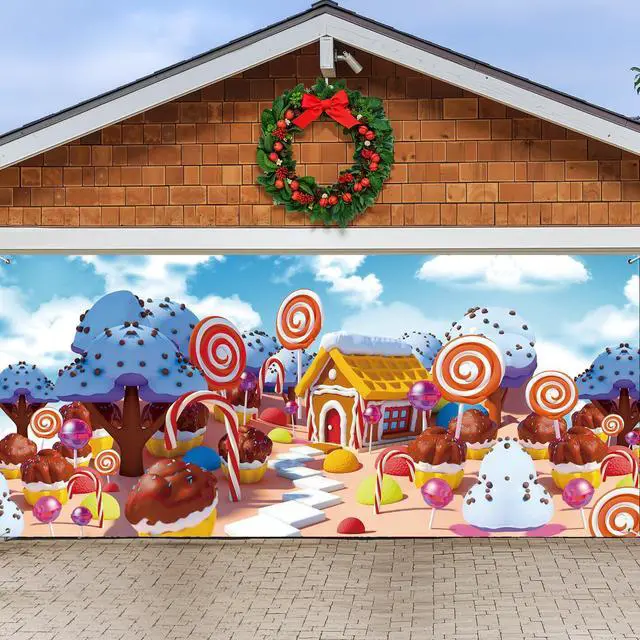 Main image of 16 x 7 ft Christmas Gingerbread Garage Door Cover Decorations Candy Extra Large Xmas Ginger Bread Printed Hanging Door Backdrop Garage Cover for Christmas Eve Holiday Party Decor Supplies