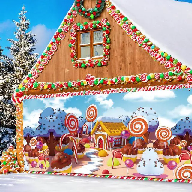 Alt view image 3 of 7 - 16 x 7 ft Christmas Gingerbread Garage Door Cover Decorations Candy Extra Large Xmas Ginger Bread Printed Hanging Door Backdrop Garage Cover for Christmas Eve Holiday Party Decor Supplies