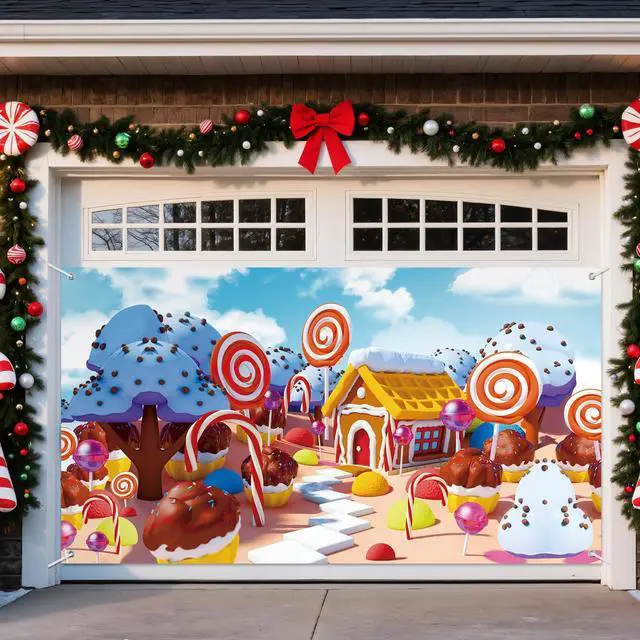 Alt view image 5 of 7 - 16 x 7 ft Christmas Gingerbread Garage Door Cover Decorations Candy Extra Large Xmas Ginger Bread Printed Hanging Door Backdrop Garage Cover for Christmas Eve Holiday Party Decor Supplies