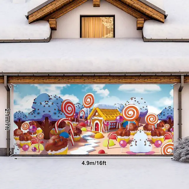 Alt view image 4 of 7 - 16 x 7 ft Christmas Gingerbread Garage Door Cover Decorations Candy Extra Large Xmas Ginger Bread Printed Hanging Door Backdrop Garage Cover for Christmas Eve Holiday Party Decor Supplies