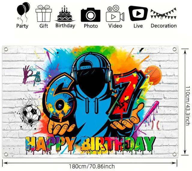Alt view image 2 of 7 - 67 Graffiti Birthday Backdrop for Boys, 6-7 Birthday Decorations Banner, Colorful Polyester Happy Birthday Party Background with Grommets, Sports Street Art Photo Booth Decor, 70.9 x 43.3 Inch