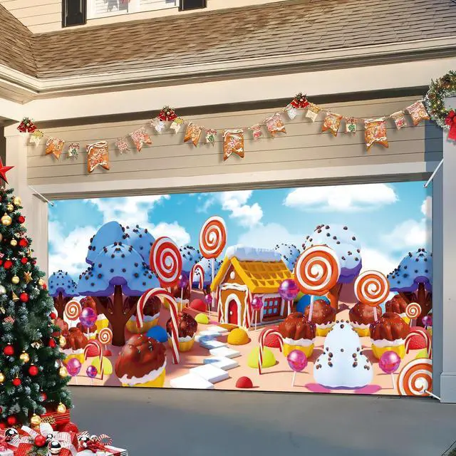 Alt view image 6 of 7 - 16 x 7 ft Christmas Gingerbread Garage Door Cover Decorations Candy Extra Large Xmas Ginger Bread Printed Hanging Door Backdrop Garage Cover for Christmas Eve Holiday Party Decor Supplies