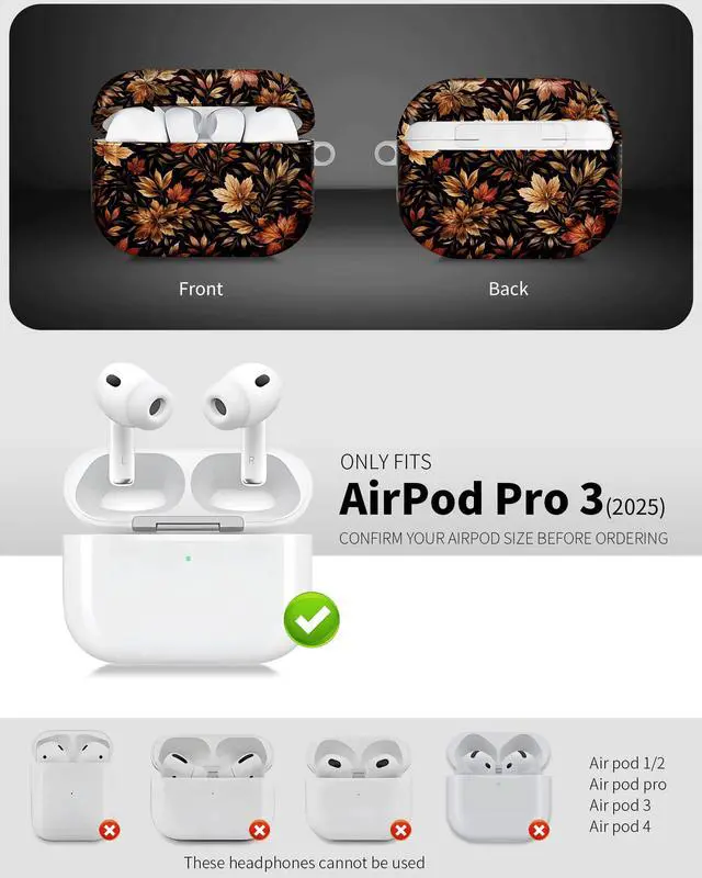 Alt view image 3 of 6 - Compatible with AirPod Pro 3 Case 2025,Shockproof Hard Protective Case,Wireless Charging Compatible, Trendy Elegant Design Cover for Women Men(Autumn Leaves On Black Background)