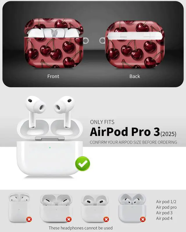 Alt view image 3 of 6 - Compatible with AirPod Pro 3 Case 2025,Shockproof Hard Protective Case,Wireless Charging Compatible, Trendy Elegant Design Cover for Women Men(Cherry Background Art)