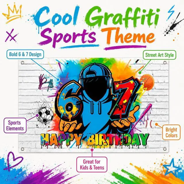 Alt view image 3 of 7 - 67 Graffiti Birthday Backdrop for Boys, 6-7 Birthday Decorations Banner, Colorful Polyester Happy Birthday Party Background with Grommets, Sports Street Art Photo Booth Decor, 70.9 x 43.3 Inch