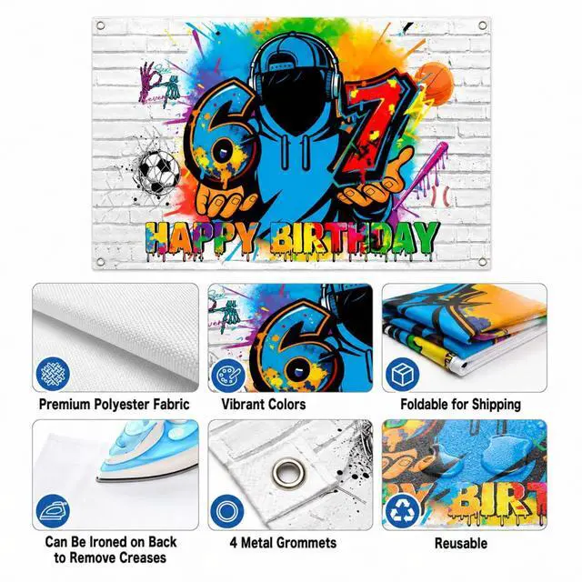 Alt view image 4 of 7 - 67 Graffiti Birthday Backdrop for Boys, 6-7 Birthday Decorations Banner, Colorful Polyester Happy Birthday Party Background with Grommets, Sports Street Art Photo Booth Decor, 70.9 x 43.3 Inch