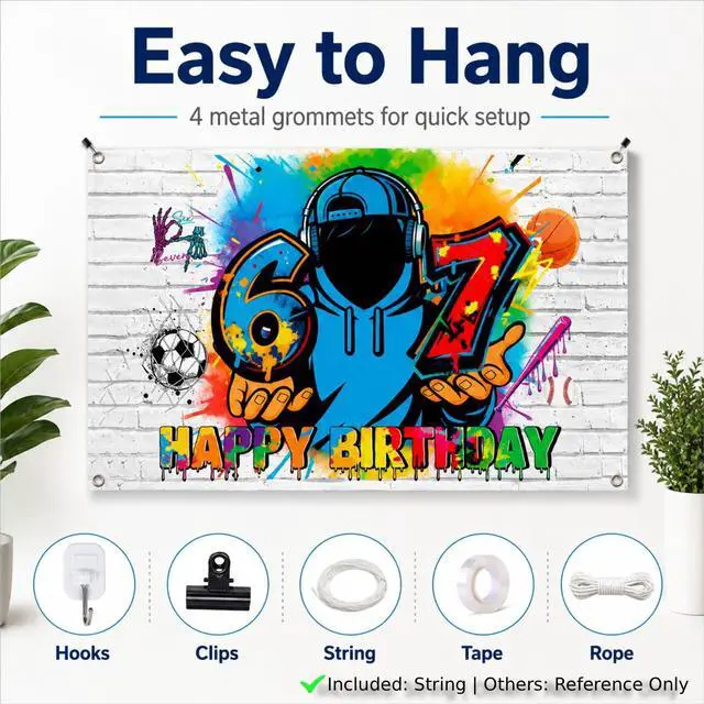 Alt view image 5 of 7 - 67 Graffiti Birthday Backdrop for Boys, 6-7 Birthday Decorations Banner, Colorful Polyester Happy Birthday Party Background with Grommets, Sports Street Art Photo Booth Decor, 70.9 x 43.3 Inch