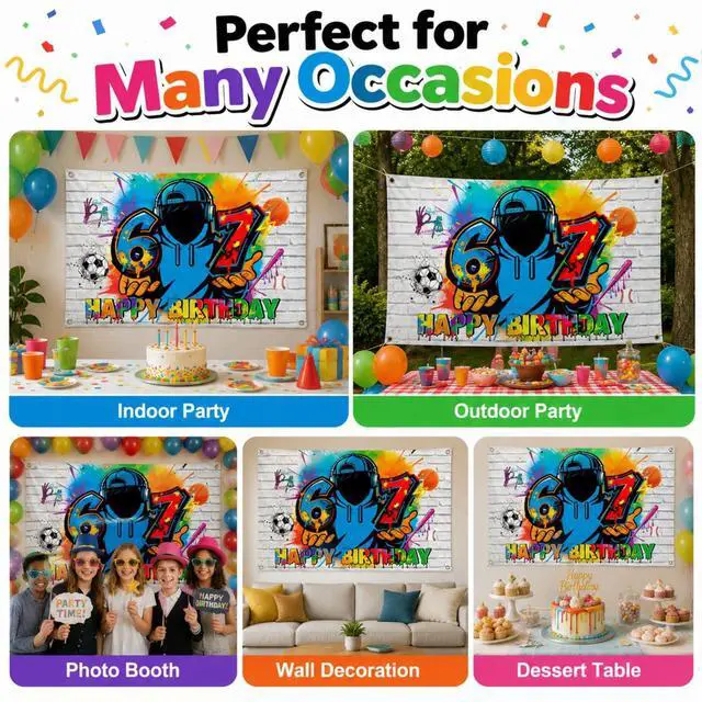 Alt view image 6 of 7 - 67 Graffiti Birthday Backdrop for Boys, 6-7 Birthday Decorations Banner, Colorful Polyester Happy Birthday Party Background with Grommets, Sports Street Art Photo Booth Decor, 70.9 x 43.3 Inch