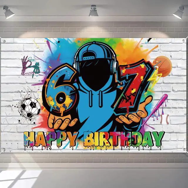 Alt view image 7 of 7 - 67 Graffiti Birthday Backdrop for Boys, 6-7 Birthday Decorations Banner, Colorful Polyester Happy Birthday Party Background with Grommets, Sports Street Art Photo Booth Decor, 70.9 x 43.3 Inch