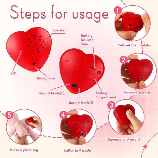Alt view image 4 of 6 - 12 Pack Voice Recorder for Stuffed Animal Push Button Sound Recorder Heart Shaped Recordable Button Voice Recording Button Box Device for Plush Toy Bear Module Record Messages, Red (30 Seconds)