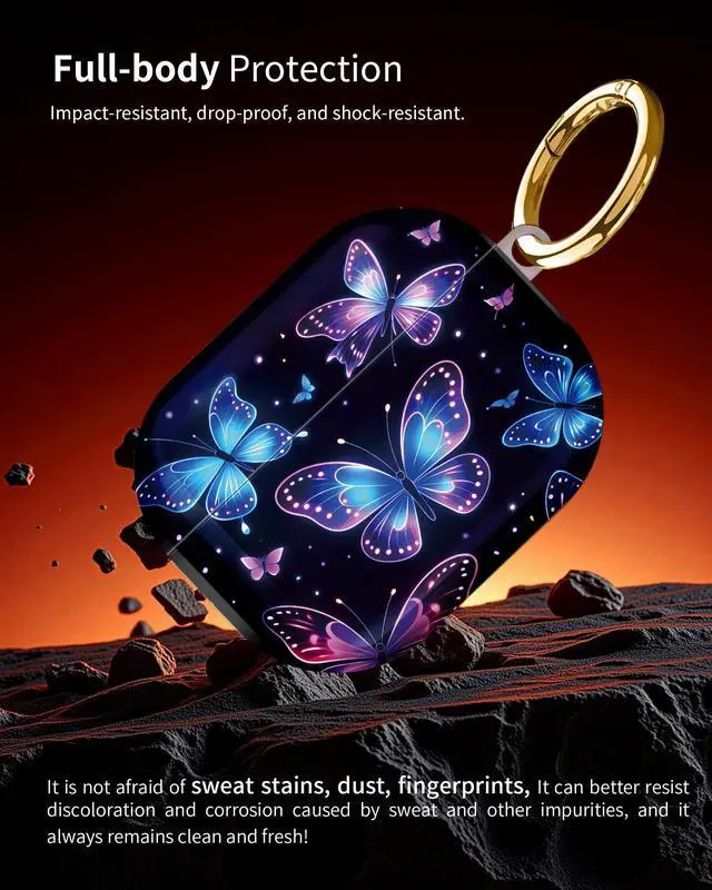 Alt view image 2 of 6 - Compatible with AirPod Pro 3 Case 2025,Shockproof Hard Protective Case,Wireless Charging Compatible, Trendy Elegant Design Cover for Women Men(Glowing Butterflies in Purple and Blue)