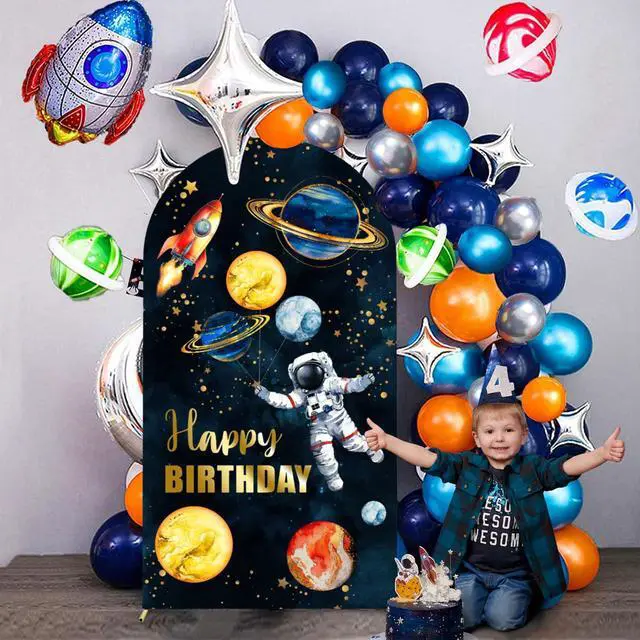 Alt view image 5 of 7 - Astronaut Arch Cover for Boys and Girls 7.2FT Double-Sided Spandex Fitted Birthday Party Arch Stand Covers Round Top Astronaut Space Print Backdrop Cover for Birthday Baby Shower Party Decor
