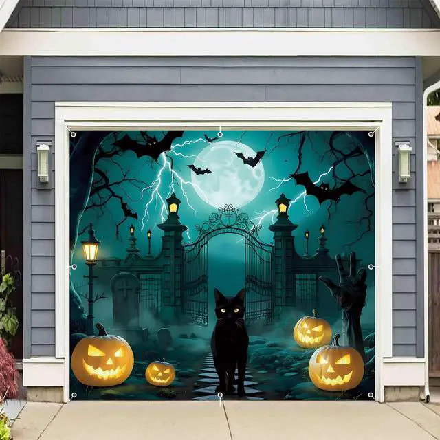 Main image of Halloween Garage Door Cover 7x8ft Large Graveyard Backdrop Banner Pumpkin Skull Cat Single Garage Door Decorations Halloween Holiday Party Photo Background Outdoor