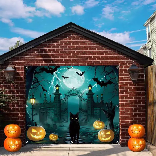 Alt view image 2 of 7 - Halloween Garage Door Cover 7x8ft Large Graveyard Backdrop Banner Pumpkin Skull Cat Single Garage Door Decorations Halloween Holiday Party Photo Background Outdoor